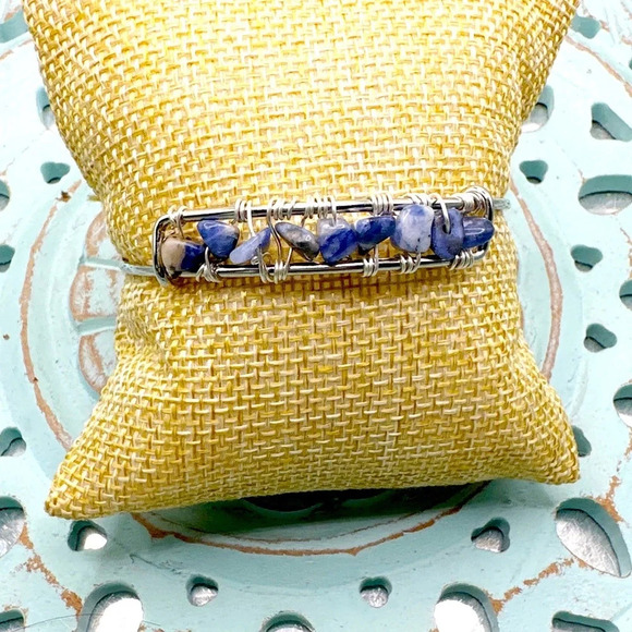 Magic lapis Lazuli beaded silver bangle bracelet - Picture 1 of 11